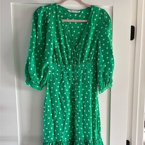 Zara Green and White Ruffled Tiered Sundress with Bishop Sleeves